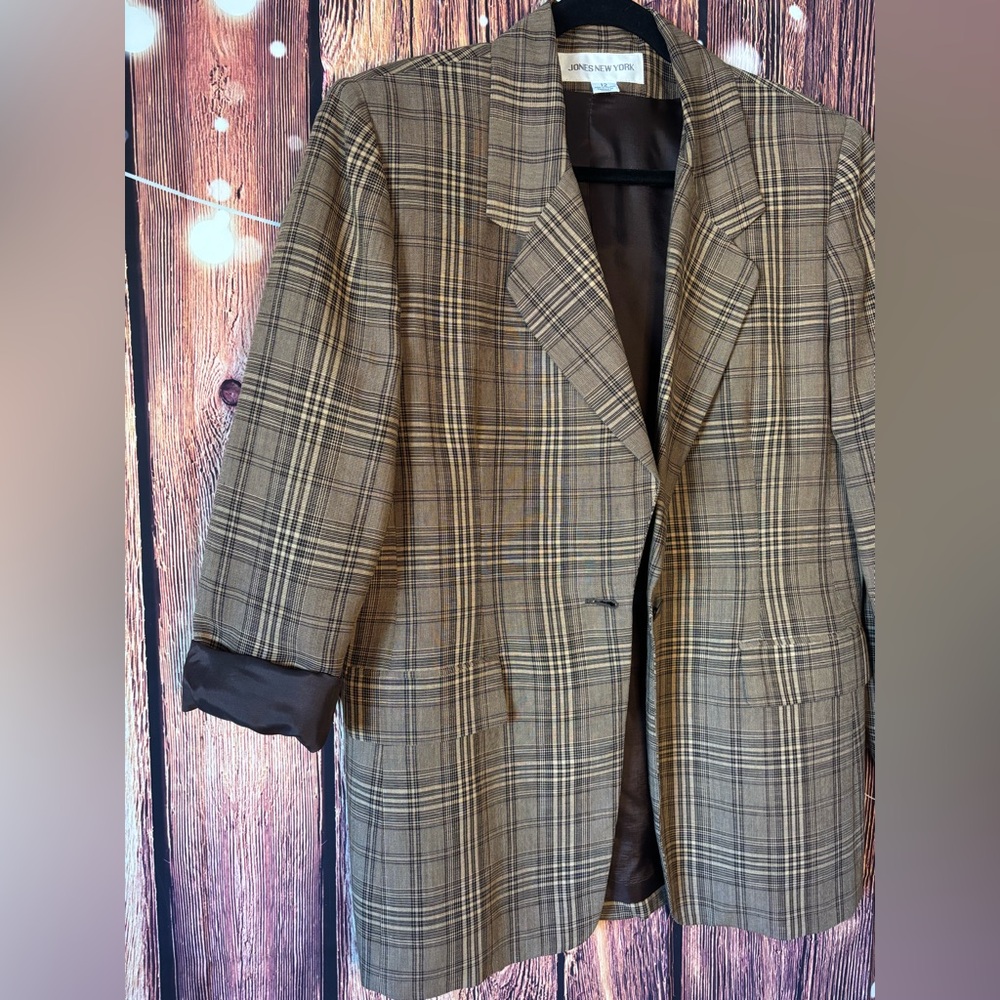 Vintage Jones New York Brown Plaid Linen Blend Blazer